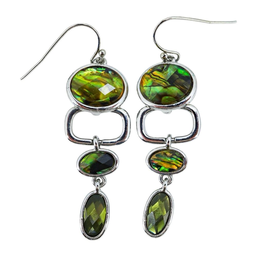 Lia Sophia Green Abalone Style Dangle Earrings Silver Tone Ling 2”+ Statement